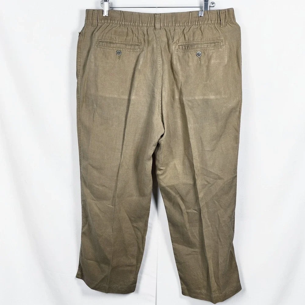 Caribbean Mens 100% Linen Pants Tan Khaki Elastic Drawstring Casual 40x32 (26.5)
